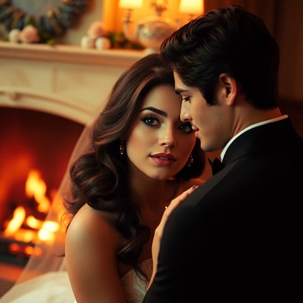 femeie imbracata in mireasa tine in brate barbat in costum negru in fata unui semineu