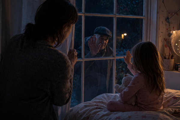 o femeie vede pe geam o silueta de barbat cum face cu mana unei fete