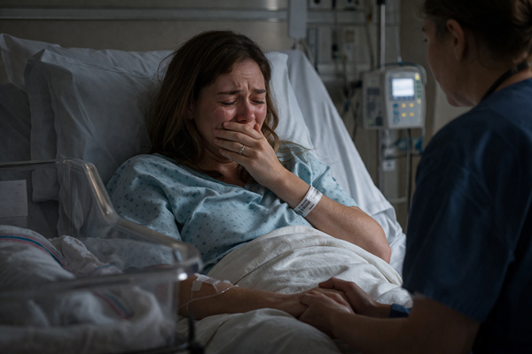 femeie plange pe un pat de spital tinuta de mana de o asistenta