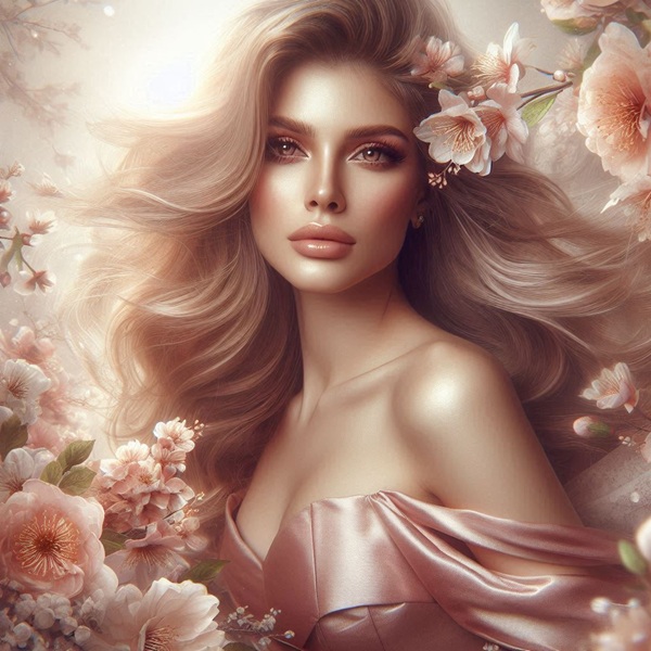 femeie blonda cu parul lung imbracata in rochie roz inconjurata de flori