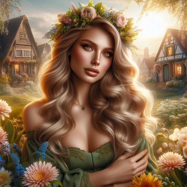 femeie blonda imbracata in rochie verde inconjurata de flori cu o coroana de flori pe cap