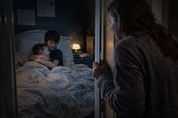 mama se uita la copiii ei in pat din afara casei dupa geam