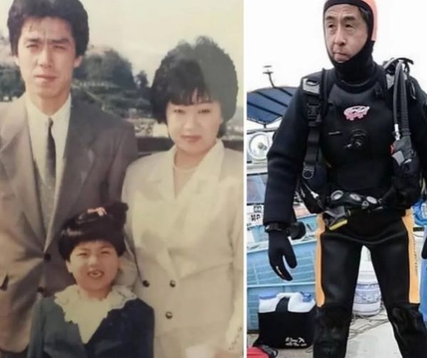 colaj foto cu o poza de familie si un barbat imbracat in scafandru