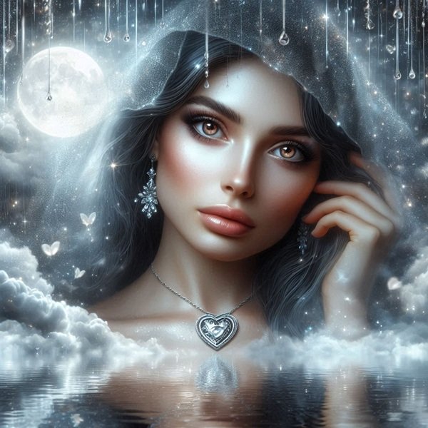 femeie cu parul negru si un pandantiv cu inima la gat isi trece mana prin par sub ploaie de diamante