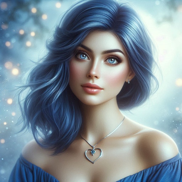 femeie cu parul lung albastrui in rochie albastra cu pandantiv cu inima la gat