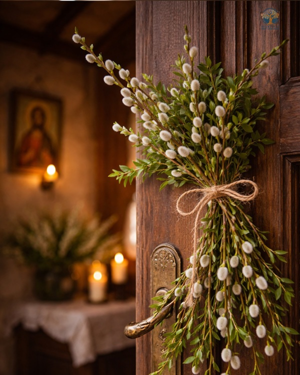 buchet de salcie prins in manunchi langa o icoana