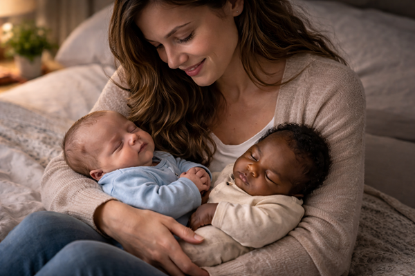 femeie tine in brate copii de culori diferite bebelusi