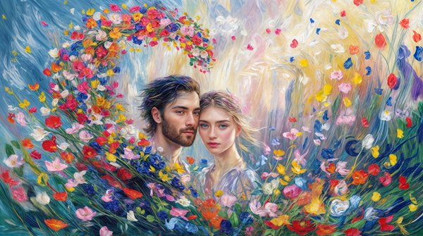 femeie si barbat sub o inima mare de flori de primavara