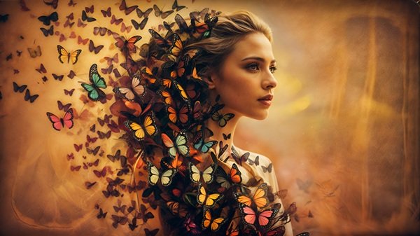 femeie satena pe fundal maro inconjurata de fluturi multicolori