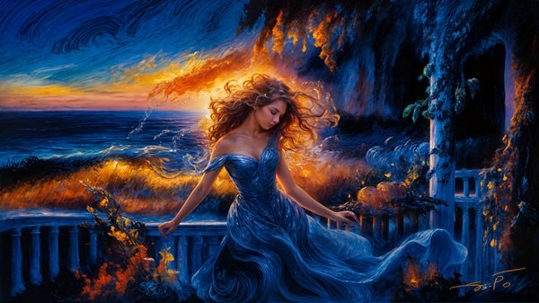 femeie imbracata in rochie albastra sta pe pervazul unei case in zare o apa