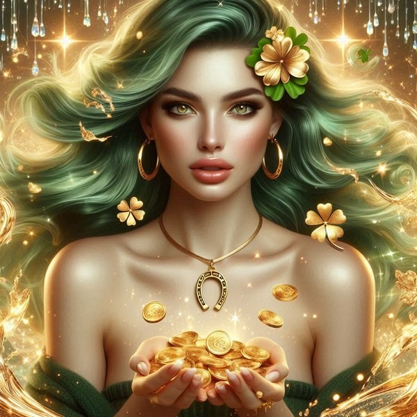 femei cu parul verzui tine in mana monede de aur