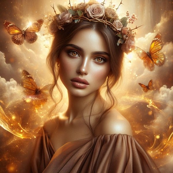 femeie cu rochie maro si parul prins inconjurata de fluturi si de nori aurii