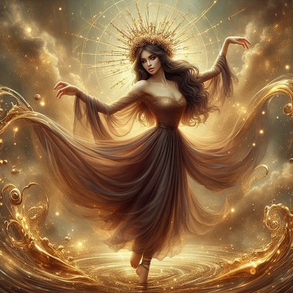 femeie in rochie maro vaporoasa cu o coroana de spini pe cap face o pirueta printre nori