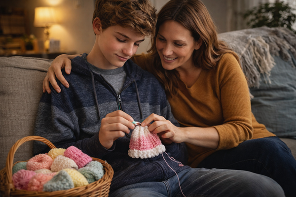 mama sta langa un adolescent pe canapea care croseteaza caciuli pentru copii