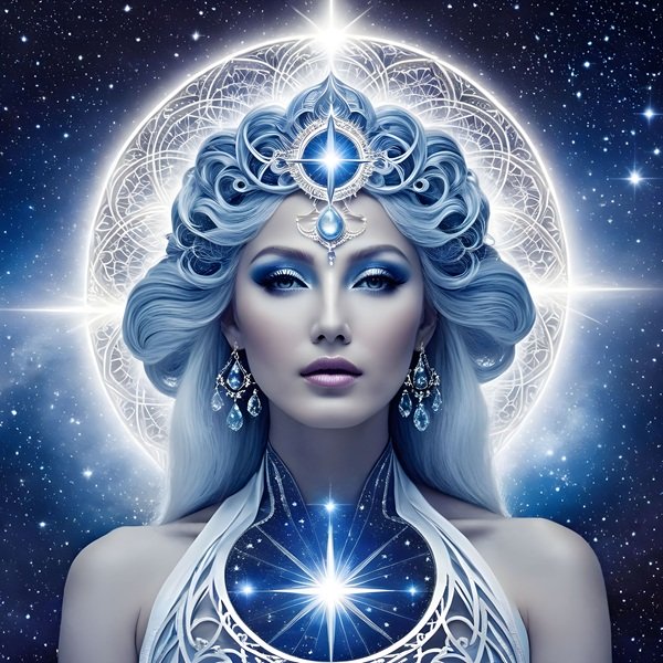 femeie cu parul alb spre mov si o stea la gat inconjurata de o aura