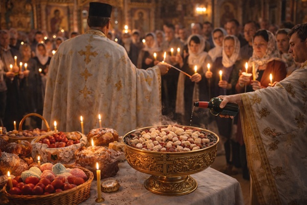 preot da lumina credinciosilor in biserica in spatele lui o masa cu bunatati