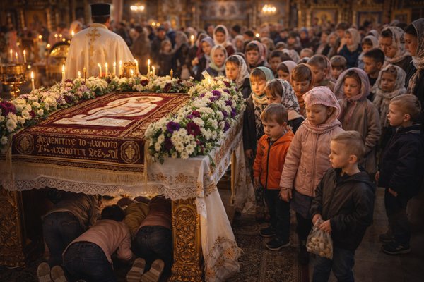mai multi copii asteapta sa treaca pe sub masa in biserica