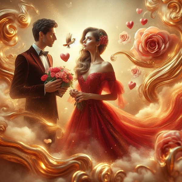 femeie in rochie rosie alaturi de un barbat cu un buchet de trandafiri in mana