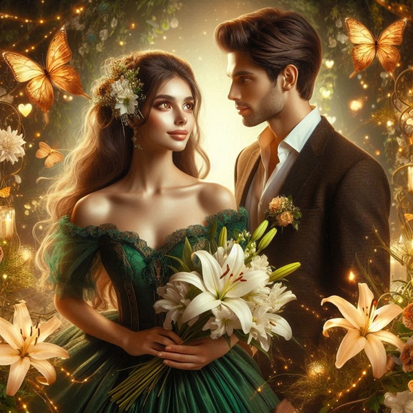 Femeie imbracata in verde cu crini in mana se uita indragostita la un barbat