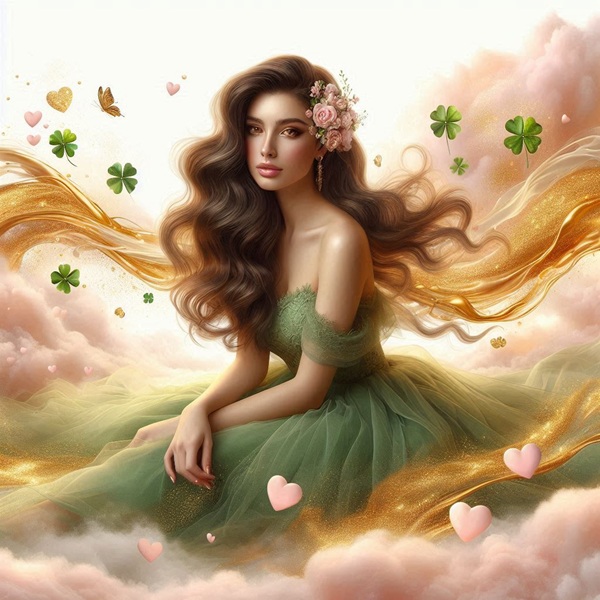 femeie satena imbracata in verde pe nori roz