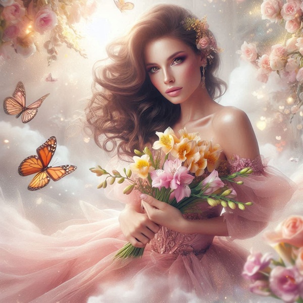 femeie imbracata in roz cu un buchet de frezii in mana