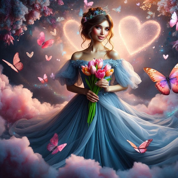 femeie imbracata in rochie bleu cu buchet de lalele in mana