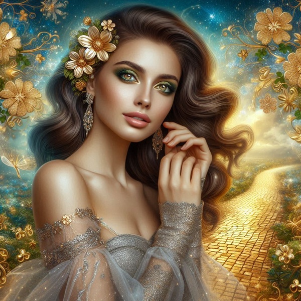 femeie satena imbracata in argintiu priveste spre un drum poleit cu aur