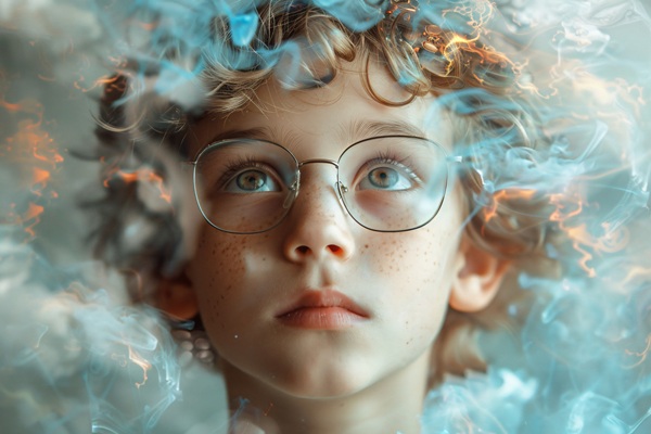 portret de baiat blond cu ochi albastri cu capul printre nori