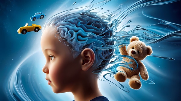 imagine cu un cap de copil fara par inconjurat de jucarii