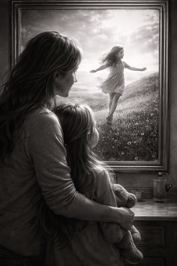 o femeie cu fetita langa ea se uita la un tablou cu un copil care alearga