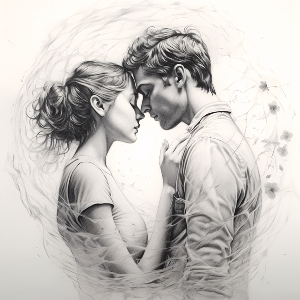 schita in creion cu  un barbat si o femeie care se uita unul in ochii celuilalt