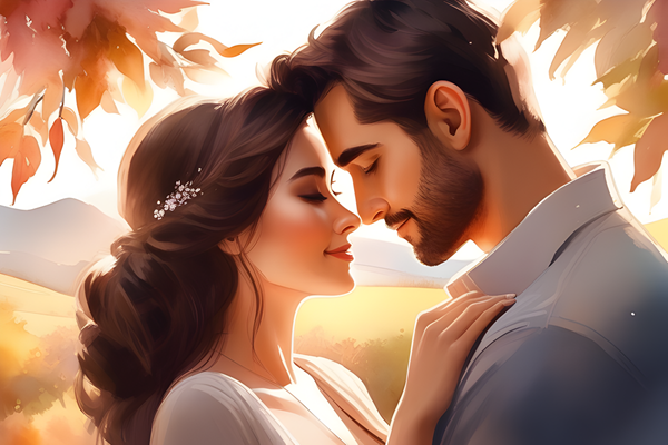 barbat cu barba in camasa gri se uita in ochii unei femei in rocghie alba