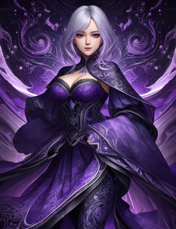 femeie imbracata in rochie mov sta pe un tron