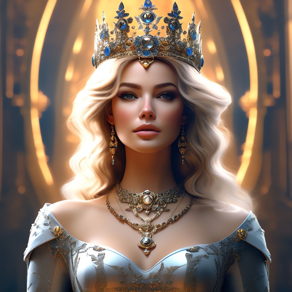 femeie blonda imbracata in argintiu cu coroana de aur pe cap