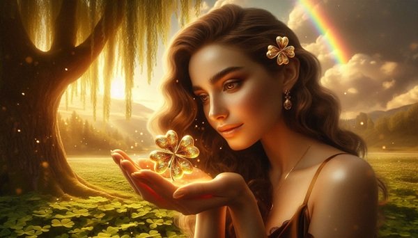 femeie cu parul saten lung tine in mana un trifoi din aur