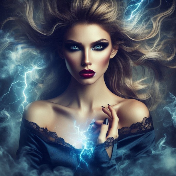 femeie blonda cu buze rosii imbracata in albastru inconjurata de fulgere