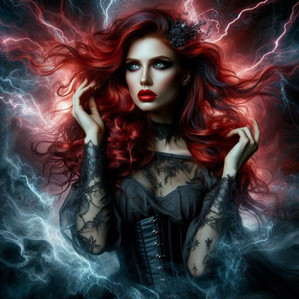 femeie cu par rosu inconjurata de fulgere nori negri si fum