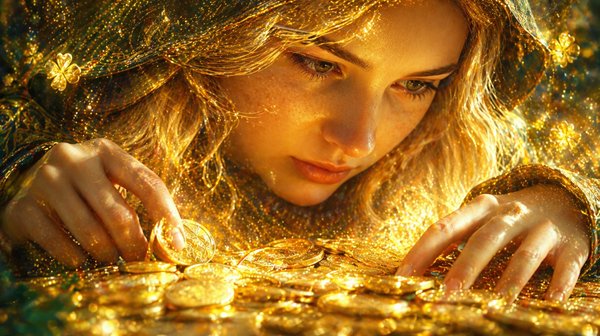 femeie cu parul blond se uita la niste monezi stralucitoare