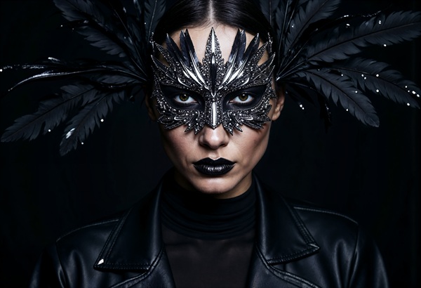 femeie bruneta cu machiaj negru imbracata in negru cu masca pe fata