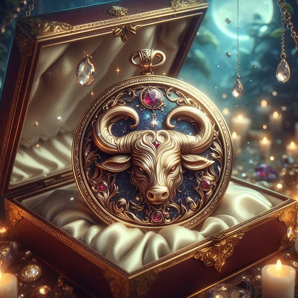 zodia taur aurie pe un pandantiv &icirc;ntr-o cutie de bijuterii