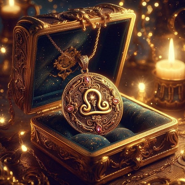 zodia balanta aurie pe un pandantiv &icirc;ntr-o cutie de bijuterii