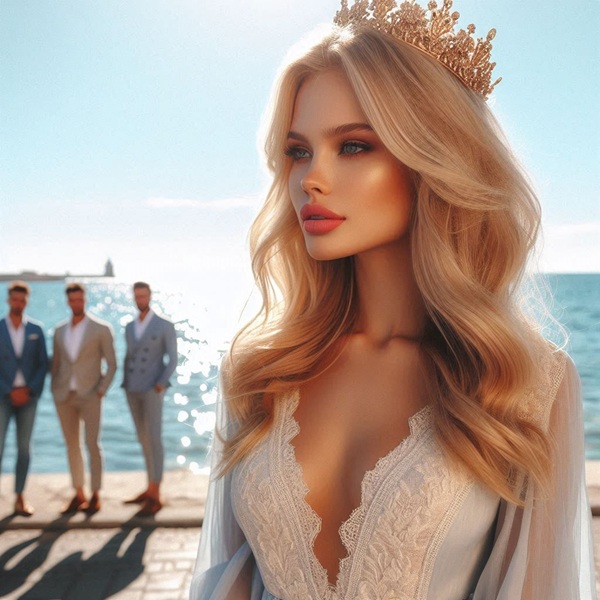 femeie blonda in bluza alba inconjurata si admirata de barbati pe malul marii