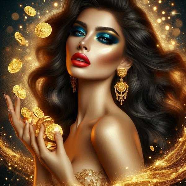 femeie bruneta cu buze rosii imbracata in auriu tine monede de aur in mana