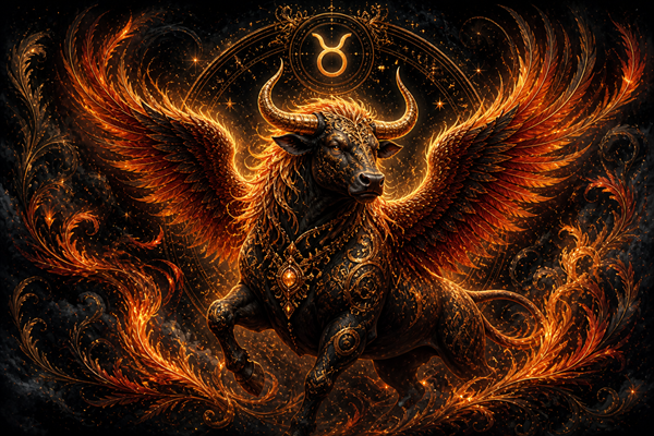un taur cu aripi de pasare phoenix pe fundal negru