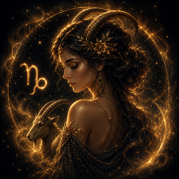 femeie cu parul lung auriu cu coarne de capricorn