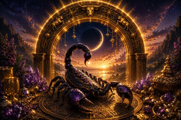 zodia scorpion langa un portal al abundentei cu luna noua in fundal