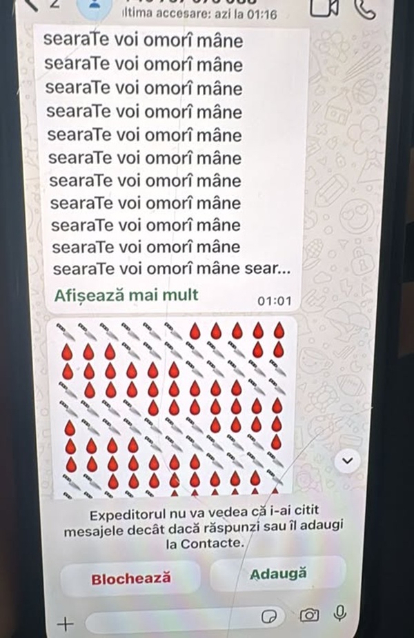 screenshot cu mesaje de amenintare pe whatsapp