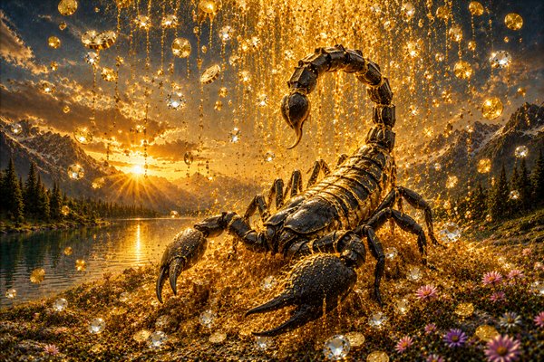 zodia scorpion de aur pe o pajiste langa o apa peste care ploua cu bogatii