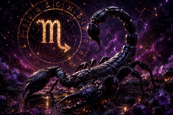 zodia scorpion pe fundal fantasy cu cer mov