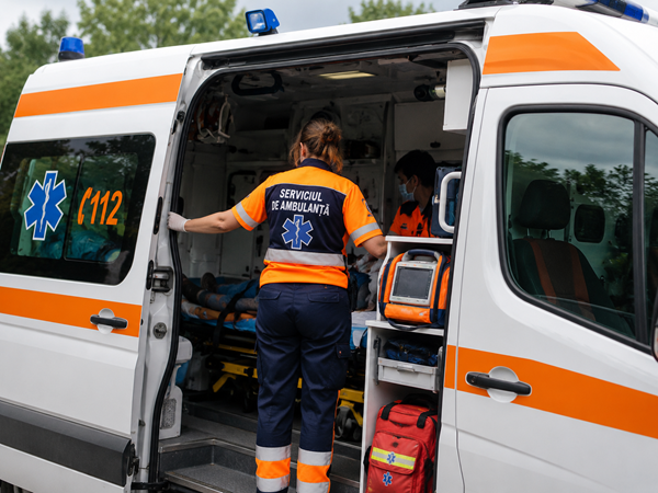 doua femei intr-un echipaj de ambulanta langa pacient